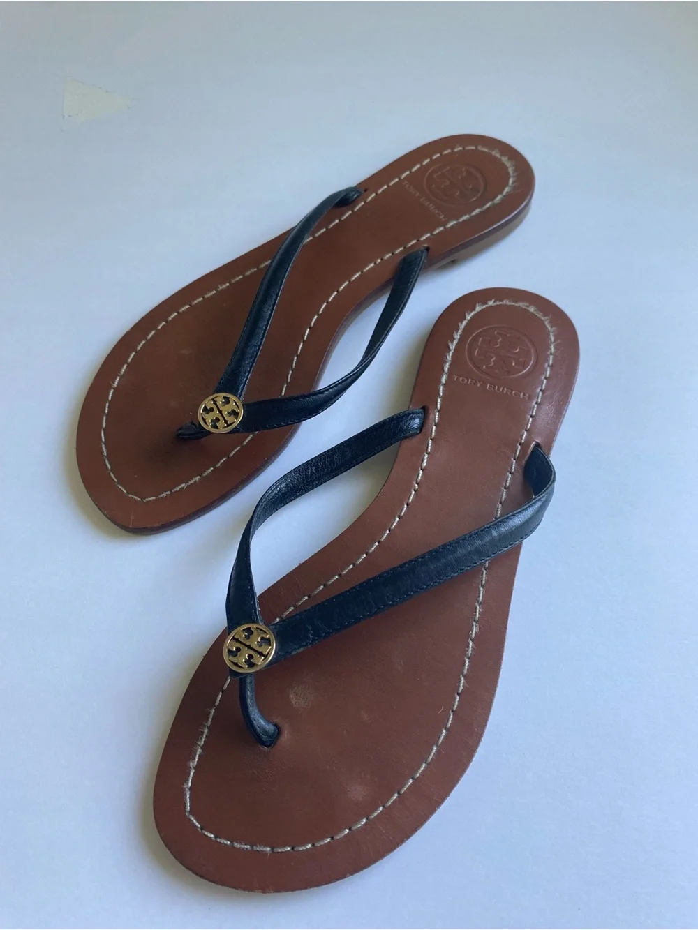 Tory Burch Terra Black Leather Thong Sandals Size 5 Beach Resort Vaca